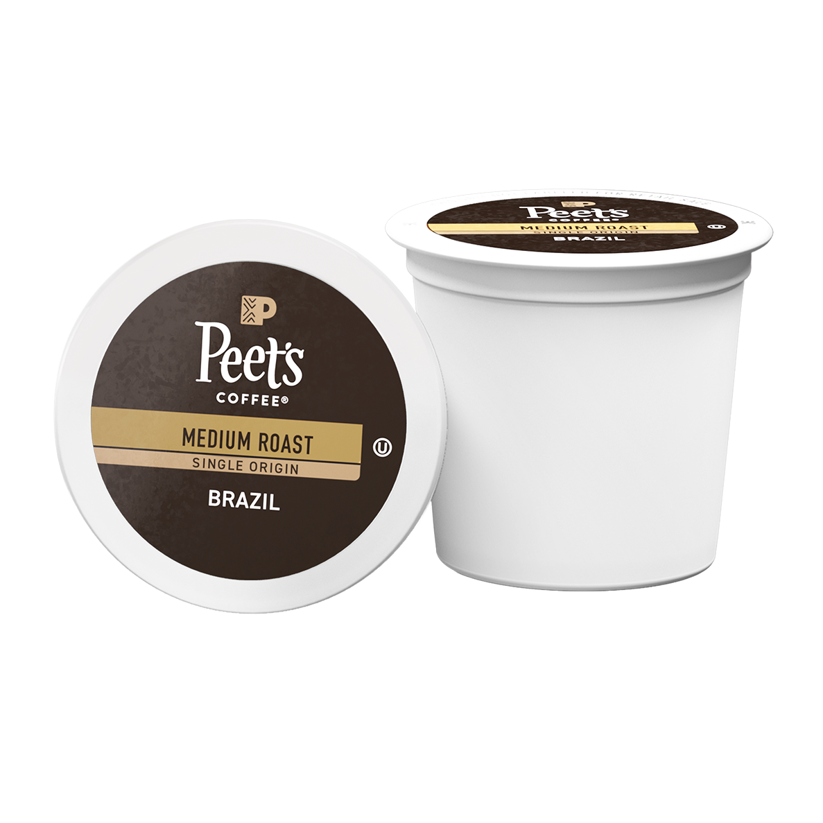Peet's Coffee single-origin Brazil medium roast coffee pods on a white background